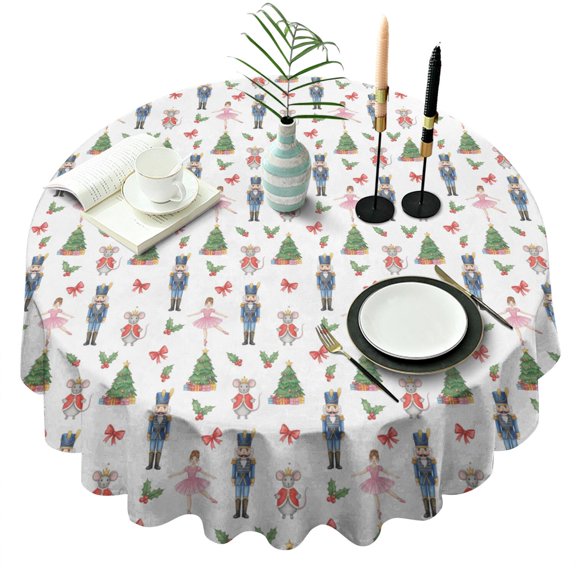 Christmas Nutcracker Ballerina White Pattern Round Tablecloth, Fits 60-Inch Table, Stain & Wrinkle Resistant, Washable Polyester, Kitchen, Wedding, Party
