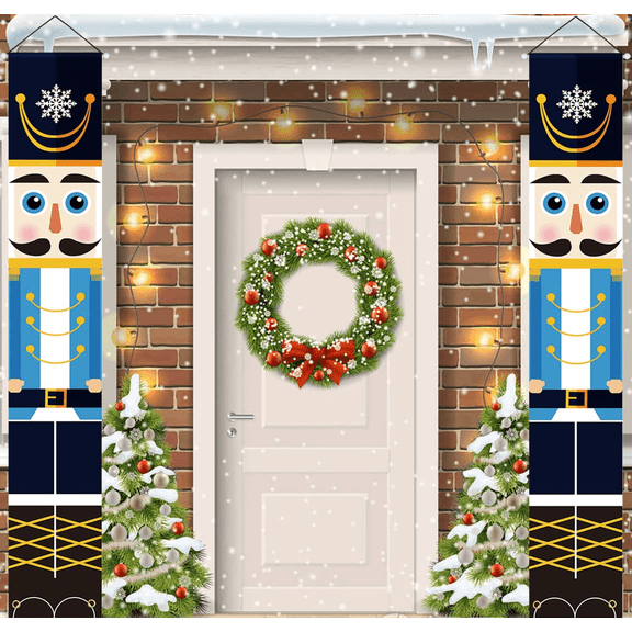 Christmas Nutcracker Banner Decorations Outdoor Life Size Soldier Model Nutcracker Porch Signs Xmas Decor Banners for Front Door Porch Garden Indoor Exterior Kids Party (Blue)