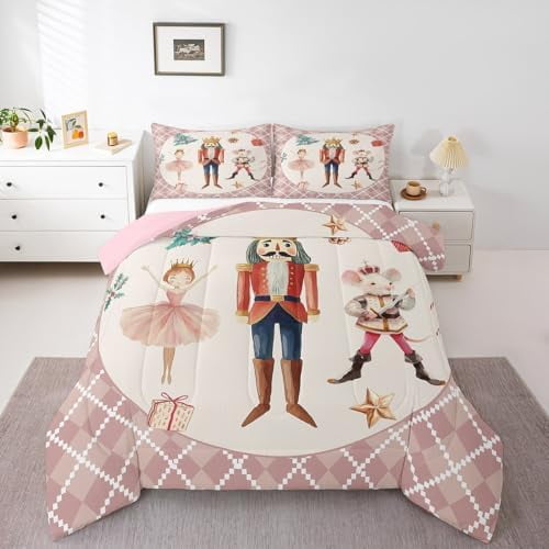 Christmas Nutcracker Bedding Set,Cartoon Xmas Tree Queen Comforter Set for Kids Teens Adults,Pink Buffalo Plaid Down Comforter,Guarder Soldier Ballet Bed Set