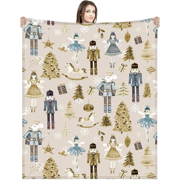 Christmas Nutcracker Blanket Soldier Prince Fairy Mouse Gift 60 x 50 Inches Ballet Nutcracker Christmas Soft Blanket for Xmas Home Sofa Couch Bed Decor(Beige)