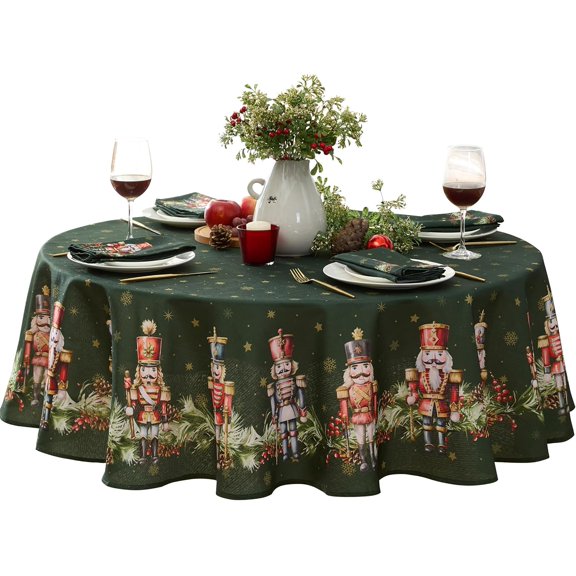 Christmas Nutcracker Border 70 Inch Round Fabric Tablecloth, Hunter Green Holiday Table Cover for Dinner Party and Banquet