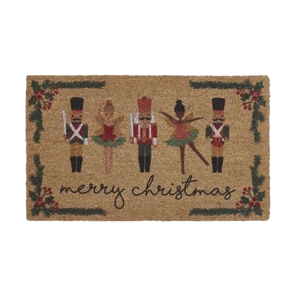 Christmas Nutcracker Coir Doormat, Merry Christmas Front Door Welcome Mat with Nutcracker and Ballerina Pattern, Natural Coconut Fiber Christmas Decor Rug for Indoor Outdoor Porch