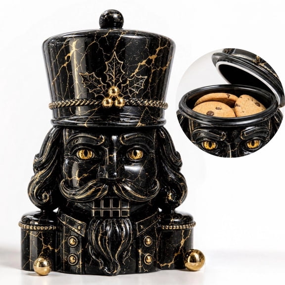 Christmas Nutcracker Cookie Jar, Black Gold Marble Pattern Nutcracker Figurine Canister with Lid, Christmas Kitchen Food Storage Decor