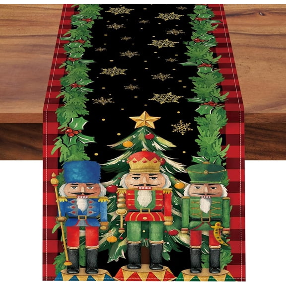 Christmas Nutcracker Dining Table Runner, Xmas Tree Gold Snowflake Holly Red Berries Burlap Kitchen Decoration, Winter Holiday Plaid Indoor Outdoor Home Decor Party Supply 13 x 72 Inches