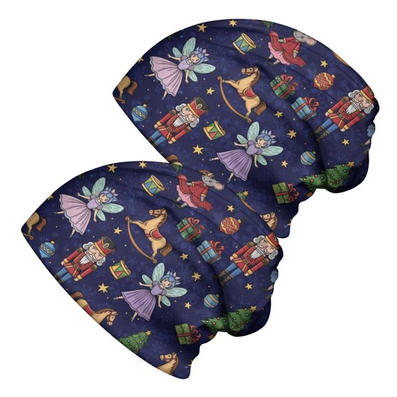 Christmas Nutcracker Fairy Toy Pattern 2 Pack Slouchy Beanie Hat, Outdoor Running Hat with Stretchy Fabric & Soft Texture, Stretchy Polyester Gifts for Daily Home Outdoor