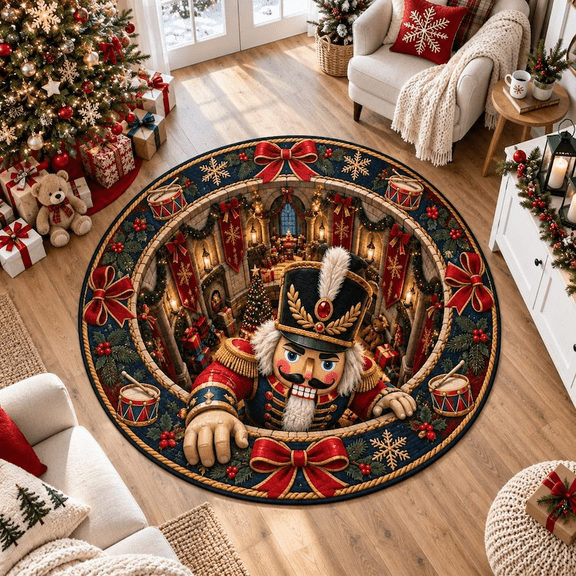 Christmas Nutcracker Faux 3D Illusion Round Rug, Festive Toy Soldier Holiday Floor Mat