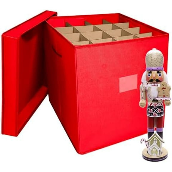 Christmas Nutcracker and Figurine Collectible Storage Box, Fits 16 Holiday Ornaments, Stores Up to 16" Tall Ornaments, Holiday Decor Organizer with Dividers, Nutcracker not Included(Red)