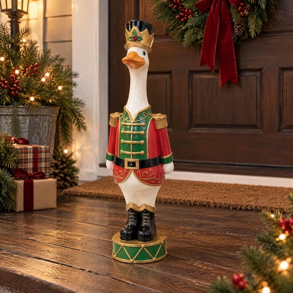 Christmas Nutcracker Goose Figurine, Hand Painted Resin Goose Soldier Statue with Drum Base, Farmhouse Christmas Decor for Fireplace Mantel, Entryway and Covered Porch