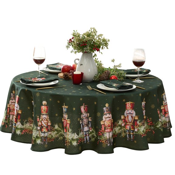 Christmas Nutcracker Hunter Green Border 70 inch Round Fabric Dinner Tablecloth