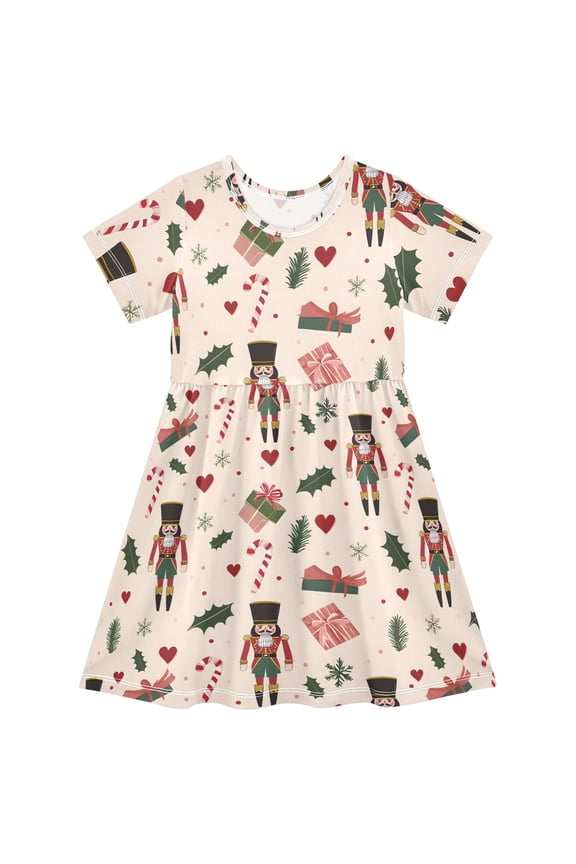 Christmas Nutcracker Leave Heart Snowflake Short Sleeve Dress A-Line Cute Midi Casual Sundress 2-8 Years