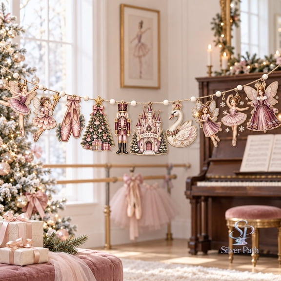 Christmas Nutcracker Ornament Wooden Garland, Sugar Plum Fairy Ballet Mantel Decor for Holiday Celebrations