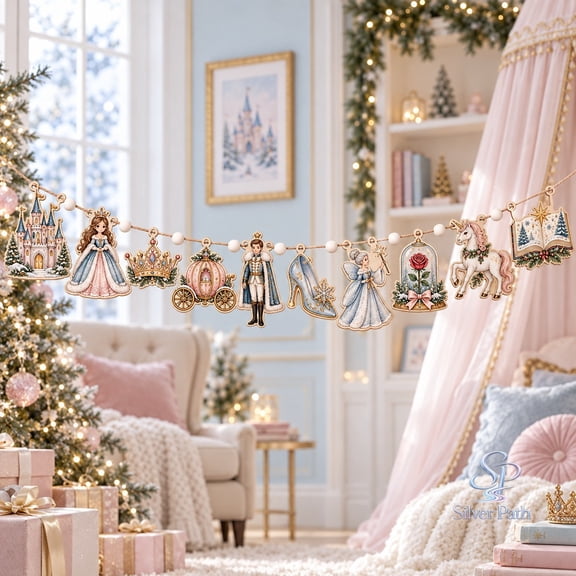 Christmas Nutcracker Ornament Wooden Garland, Wooden Princess Fairytale Mantel Hanging for Holiday Decorating