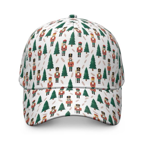 Christmas Nutcracker Pine Tree Pattern Baseball Cap, Structured Flat Bill Hat with Snap Closure & Sweatband, Lightweight Shape Retaining Gifts for Birthday Christmas Thanksgiving