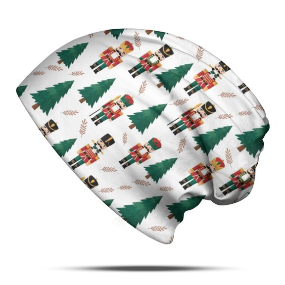 Christmas Nutcracker Pine Tree Pattern Slouchy Beanie Hat, Warm Winter Beanie with Stretchy Fabric & Soft Texture, Lightweight Flexible Gifts for Unisex Men Women