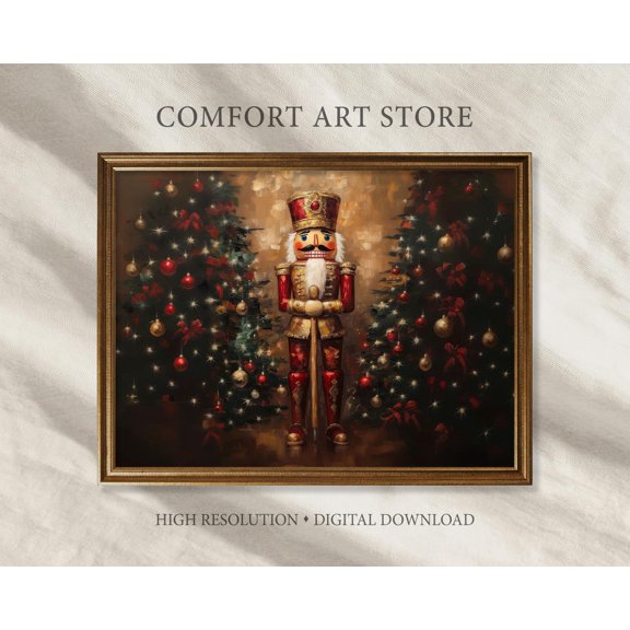 Christmas Nutcracker Print Vintage Wall Art Print Gold Nutcracker Painting Christmas Holiday Decor Christmas Tree Printable Festive Digital, F230, Unframed Poster Size 16x24