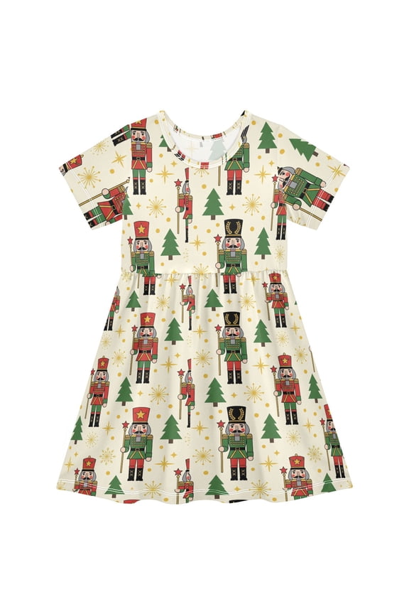 Christmas Nutcracker Short Sleeve Dress A-Line Cute Midi Casual Sundress 2-8 Years