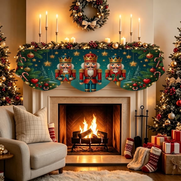 Christmas Nutcracker Soldier Pine Branch Polyester Fireplace Mantel Scarf,For Fireplaces TV Stands Cabinets,Farmhouse Holiday Home Decor