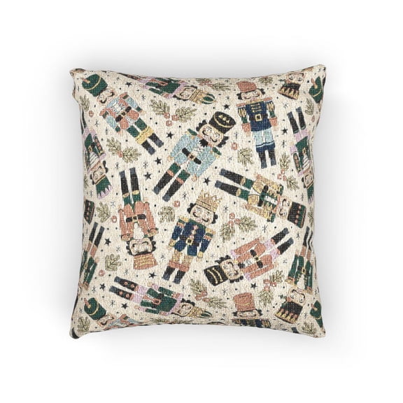 Christmas Nutcracker Soldiers, Holly and Stars Green Red Navy Decorative Woven Pillow, Cotton-Polyester Shell