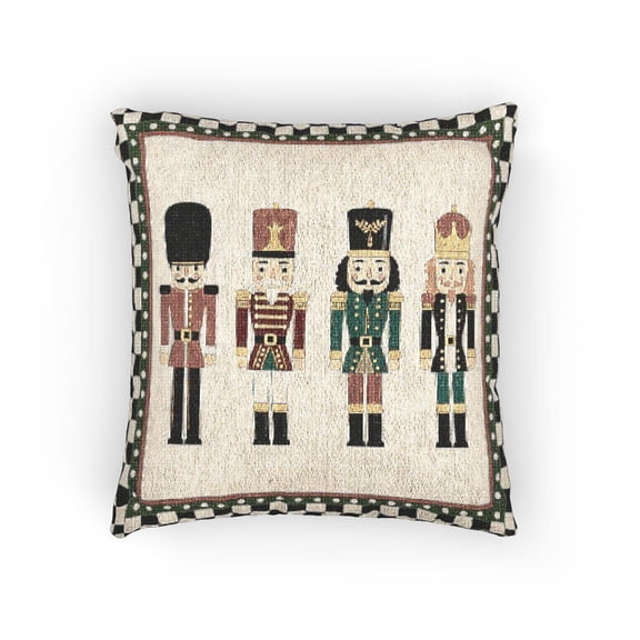 Christmas Nutcracker Soldiers in Red, Green, Black and Cream Woven Pillow, Cotton-Polyester Shell