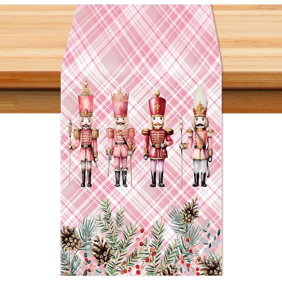 Christmas Nutcracker Table Runner 13.8 x 71 Inch Pink Plaid Christmas Decoration Winter Holiday Xmas Tree Nutcracker Table Cover for Home Kitchen Dining Party Decor