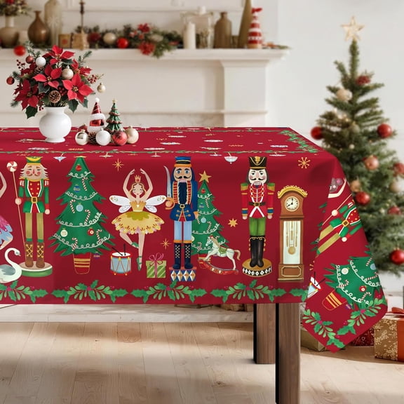 Christmas Nutcracker Tablecloth Waterproof, Xmas Red Table Cloth Rectangle, Washable Table Cover for Christmas Party Home Kitchen Decoration (60×102 Inch)