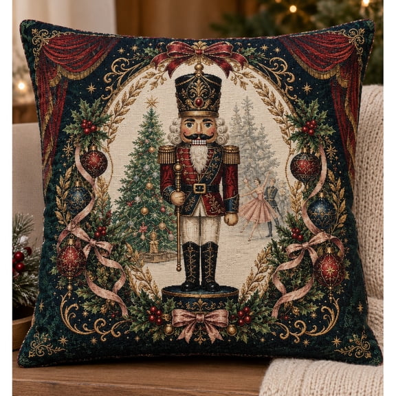 Christmas Nutcracker Tree Ornament Woven Pillow, 17 x 18 in, Double-Sided, Navy