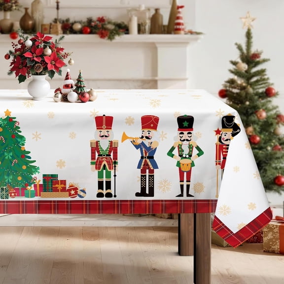 Christmas Nutcracker Tree Tablecloth Waterproof, Red Table Cloth Rectangle Stain Resistant, Washable Table Cover for Home Kitchen Dining Party Decoration (60×120 Inch)