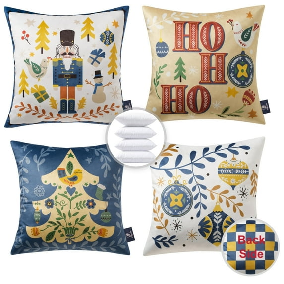 Christmas Nutcracker Velvet Decorative Pillows, Color Blocking Printed Christmas Series, 18" x 18", Blue and Gold, Set of 4