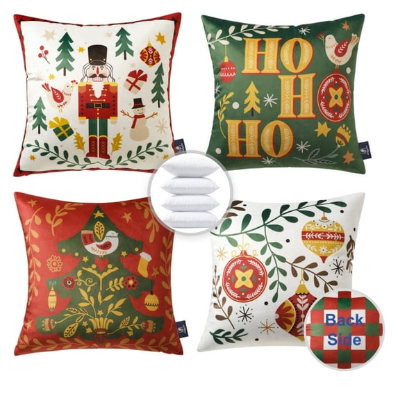 Christmas Nutcracker Velvet Decorative Pillows, Color Blocking Printed Christmas Series, 18" x 18", Red and Green, Set of 4