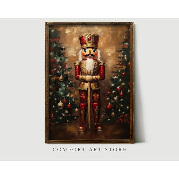 Christmas Nutcracker Vintage Wall Art Print, Dark Academia Holiday Decor, Winter Christmas Holiday Decor Gold Nutcracker Oil Painting Scene, F189, Stretched Canvas Size 16x24