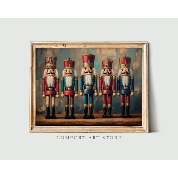 Christmas Nutcracker Vintage Wall Art Print, Dark Academia Holiday Decor, Winter Christmas Holiday Decor Gold Nutcracker Oil Painting Scene, F335, Stretched Canvas Size 8x12