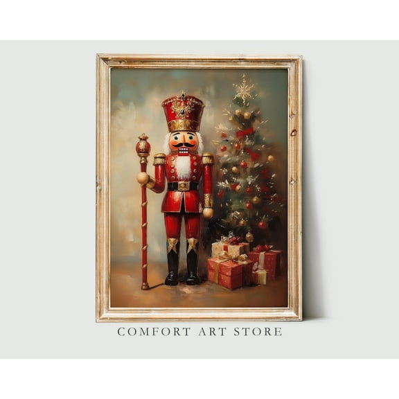 Christmas Nutcracker Vintage Wall Art Print, Dark Academia Holiday Decor, Winter Christmas Holiday Decor Red Nutcracker Oil Painting Scene, Unframed Poster Size 8x12