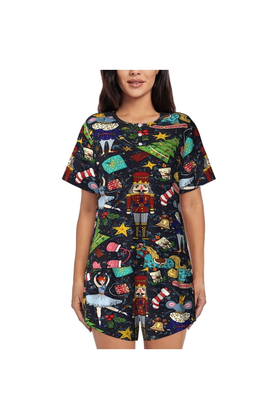 Christmas Nutcracker Women’S Short-Sleeved Pyjama Set Round-Neck Loungewear for Indoor and Outdoor