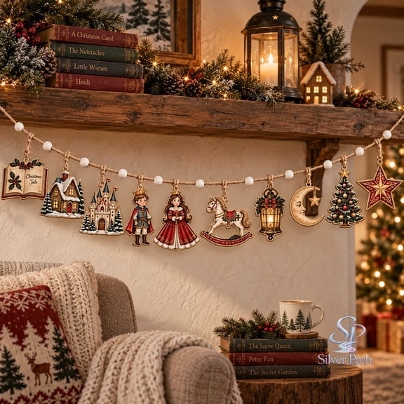 Christmas Nutcracker Wooden Ornament Garland, Vintage Storybook Ballet Mantel Hanging for Christmas