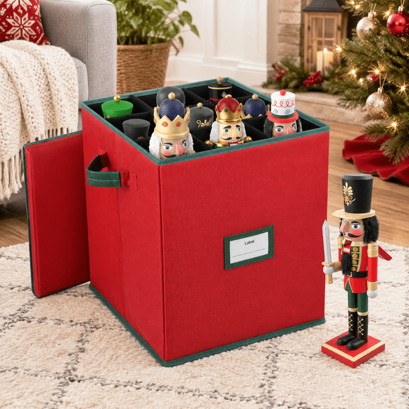 Christmas Nutcracker and Figurine Storage Box with Adjustable Dividers, Holds 16" Tall Ornaments