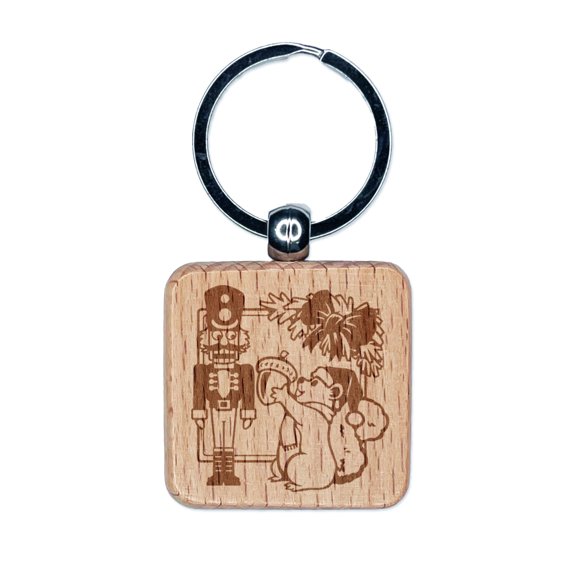 Christmas Nutcracker with Squirrel and Acorn Square Keychain Charm Tag - Engraved Wood