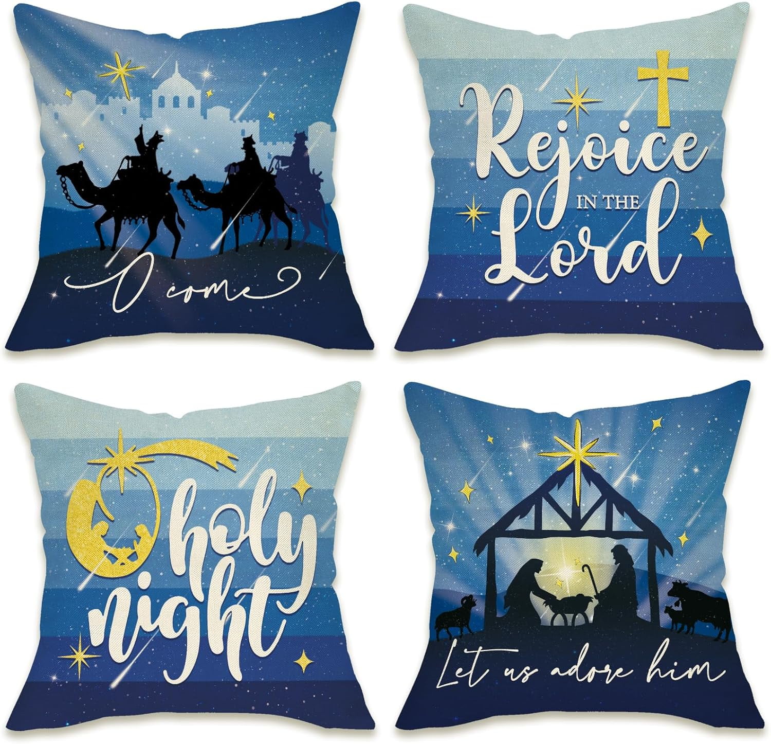Christmas O Holy Night Decorative Throw Pillow Covers 18x18 Set of 4, Religious Xmas Jesus Nativity Navy Blue Outdoor Pillowcase, Rejoice in The Lord Winter Holiday Cushion Case Home Decor