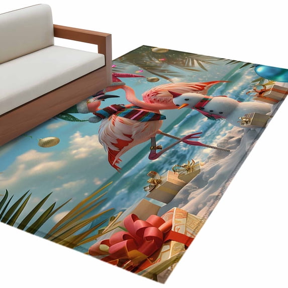 Christmas Ocean Area Rug 4x6ft Snowman Beach Flamingo Palm Abstract Art ...