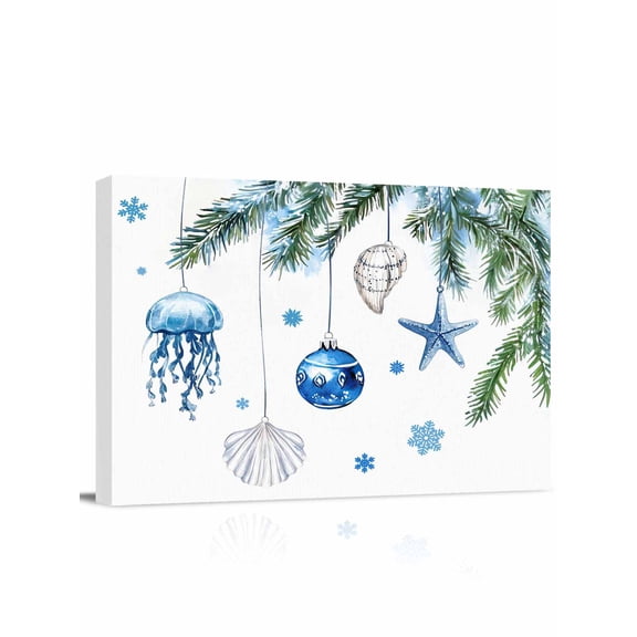 Christmas Ocean Canvas Print Wall Art Framed Canvas Art Wall Decor Theme Blue Watercolor Christmas Balls Snowflake Pictures Painting Morden Artwork for Living Room Bedroom, Ready to Hang - 12"x16"