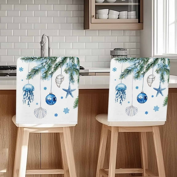 Christmas Ocean Chair Covers Set of 1 Theme Blue Watercolor Christmas Balls Snowflake Chair Back Covers Stretch Removable Washable Slipcovers Protector for Dining Room Kitchen Party Decor