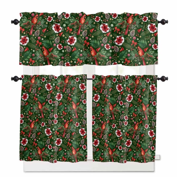Christmas Ocean Curtain Valances Set Snowman Beach Flamingo Palm Abstract Art Kitchen Curtains 24&nbsp;inch Length Rod Pocket Valance and Tiers 3 Piece Set Small Bedroom Bathroom Laundry Decor