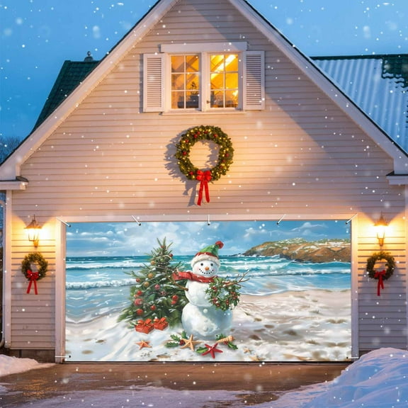 Christmas Ocean Garage Door Banner Covers, Beach Snowman Xmas Tree Starfish Large Hanging Indoor/Outdoor Backdrop Background for Christmas Winter Party Decor, 6x13 FT