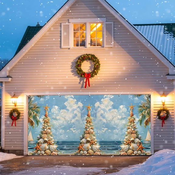 Christmas Ocean Garage Door Banner Covers, Seashell Starfish Xmas Tree Palm Sky Blue Large Hanging Indoor/Outdoor Backdrop Background for Christmas Winter Party Decor, 6x13 FT