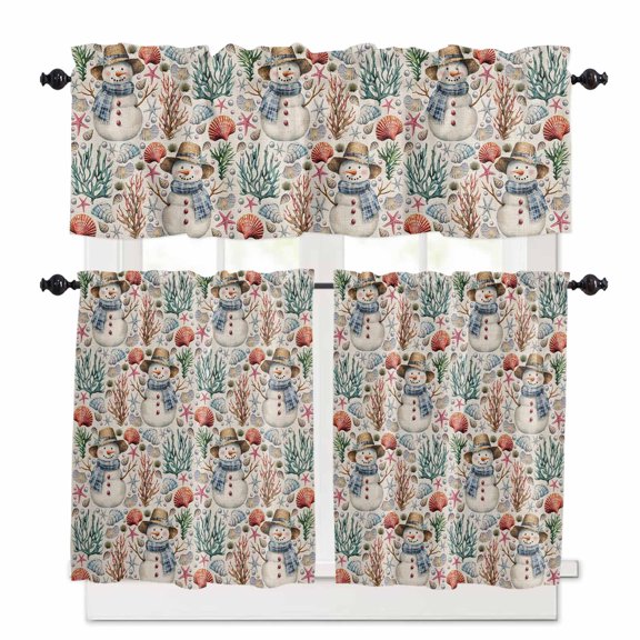 Christmas Ocean Kitchen Curtains and Valances Set, Vintage Snowman Shell Coral Beige Linen Rod Pocket Window Valance 18 Inch Window Curtain Panels for Living Room Bedroom Laundry, 27.5x24in, 3 Pieces