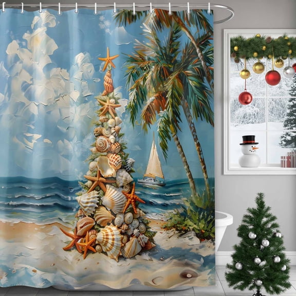 Christmas Ocean Shower Curtains for Bathroom, Seashell Starfish Xmas Tree Palm Sky Blue Waterproof Fabric Shower Curtain for Bathroom Bathtub Decoration, Machine Washable, 60"x72"