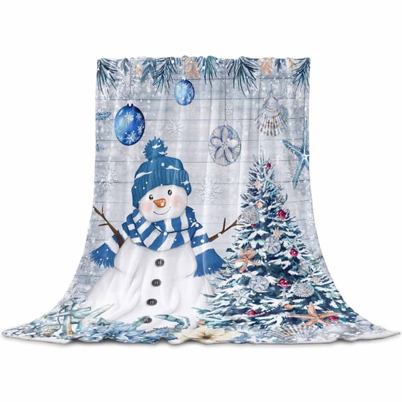 Christmas Ocean Throw Blankets 30'' x 40'', Soft Flannel Fleece Bed Blankets for Adults/Teens, Snowman Coastal Coral Starfish Snowflake Luxury All Season Plush Blankets for Couch/Sofa/Bed/Travel