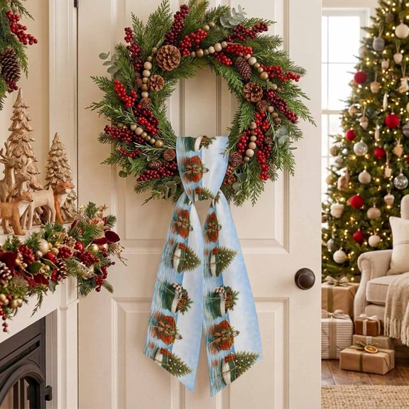 Christmas Ocean Wreath Sash for Front Door, Winter Sea Xmas Tree Wreath Boats Gifts Bow Ball Sash for Wreath, Home Decor Wall Window Porch Decoration Indoor Outdoor 4.5'' x 56''