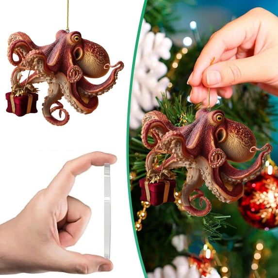Christmas Octopus Ornament for Tree,Hand-Painted Coastal Holiday Decoration,2D Acrylic Unique Deep Sea Christmas Tree Ornament With Metallic Hanging Cord,Nautical Décor Gift for Ocean Lovers(1Pc)