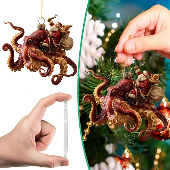 Christmas Octopus Ornament for Tree,Hand-Painted Coastal Holiday Decoration,2D Acrylic Unique Deep Sea Christmas Tree Ornament With Metallic Hanging Cord,Nautical Décor Gift for Ocean Lovers(1Pc)