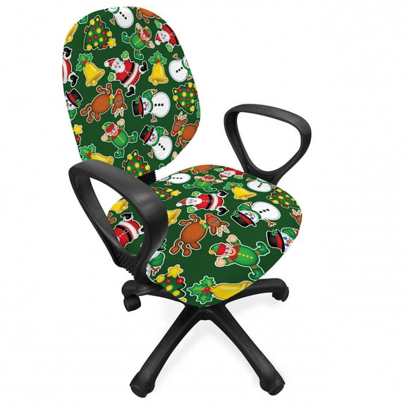 Christmas Office Chair Slipcover, Vivid of Joyous Holiday Celebration Jumping Dancing Cheery Cartoon for Yule, Protective Stretch Decorative Fabric Cover, Standard Size, Multicolor, by Ambesonne